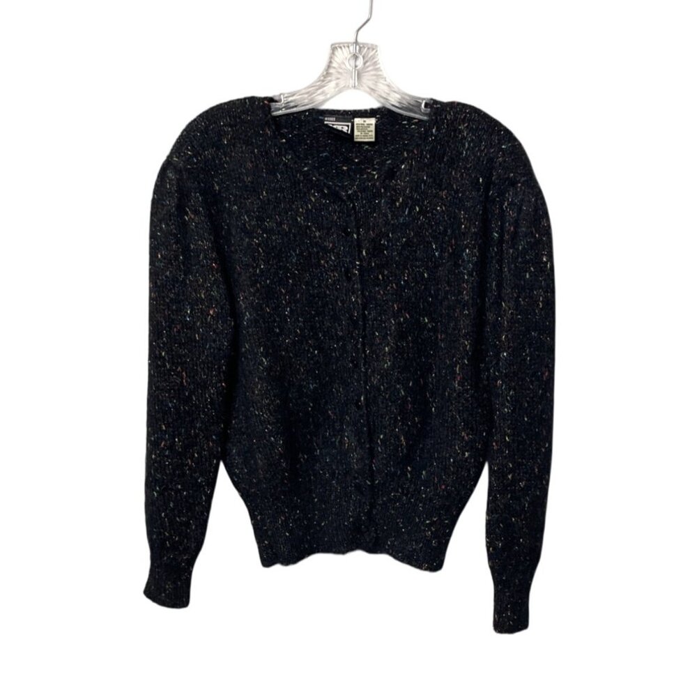 Vintage Speckled Black Wool Mohair Blend Button-Up Cardigan Sweater Women's M